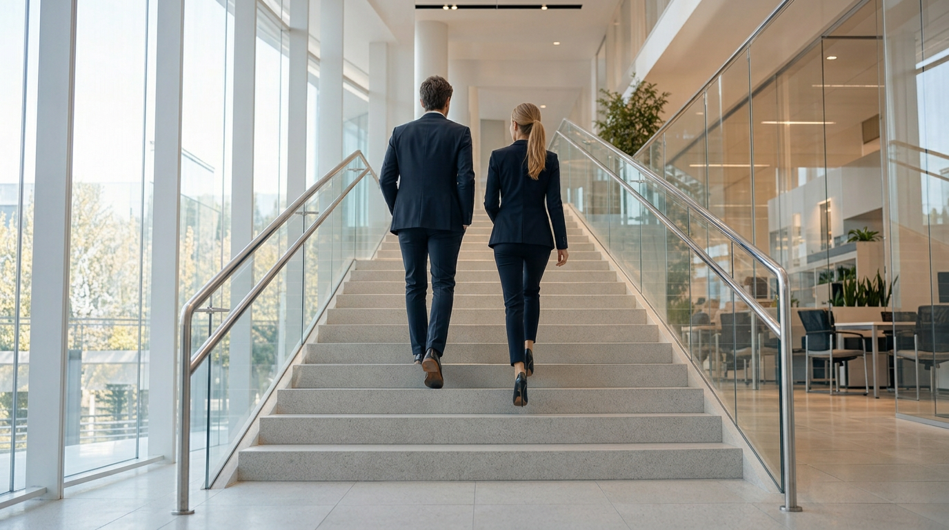 Twee professionals lopen samen de trap op